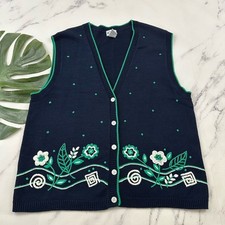 Koret Womens Vintage 90s Sweater Vest Size L Navy Blue Green Floral Embroidered
