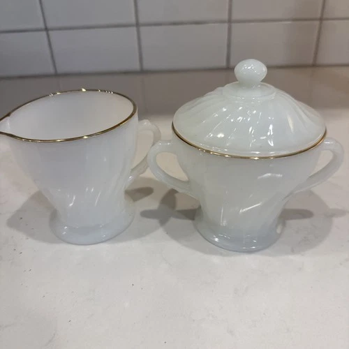 Vintage Anchor Hocking Fire King Milk Glass With Gold Trim Creamer & Sugar Set