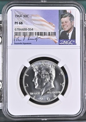 1964 NGC PF68 KENNEDY HALF DOLLAR Silver 50C Kennedy signature and flag!