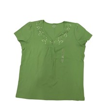 St Johns Bay Womens XL Green Embroidered Henley Short Sleeve Cotton T-Shirt NWT