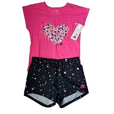 New Adidas Girls 2-Piece Heart Mosaic Graphic T-Shirt Shorts Set Pink Black 6X