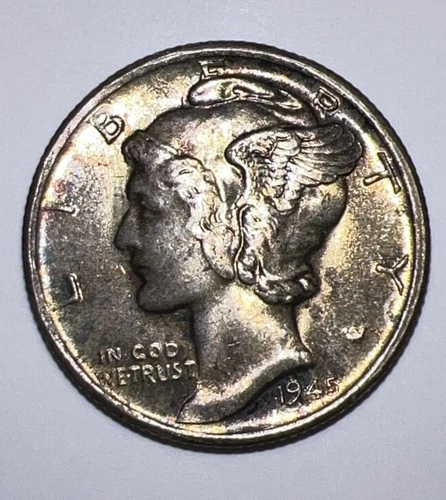 RAINBOW TONED 1945S MERCURY DIME WWII SILVER UNCIRCULATED