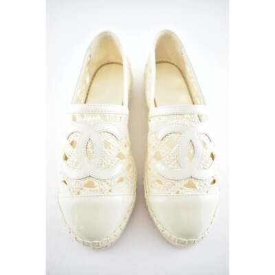 Chanel 20S Beige Ivory Patent Leather CC Logo Espadrille Slip On