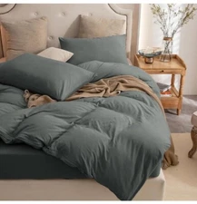 Pure Era Duvet Cover Bedding Set Queen Size. Dark Green 100% Washed Cotton