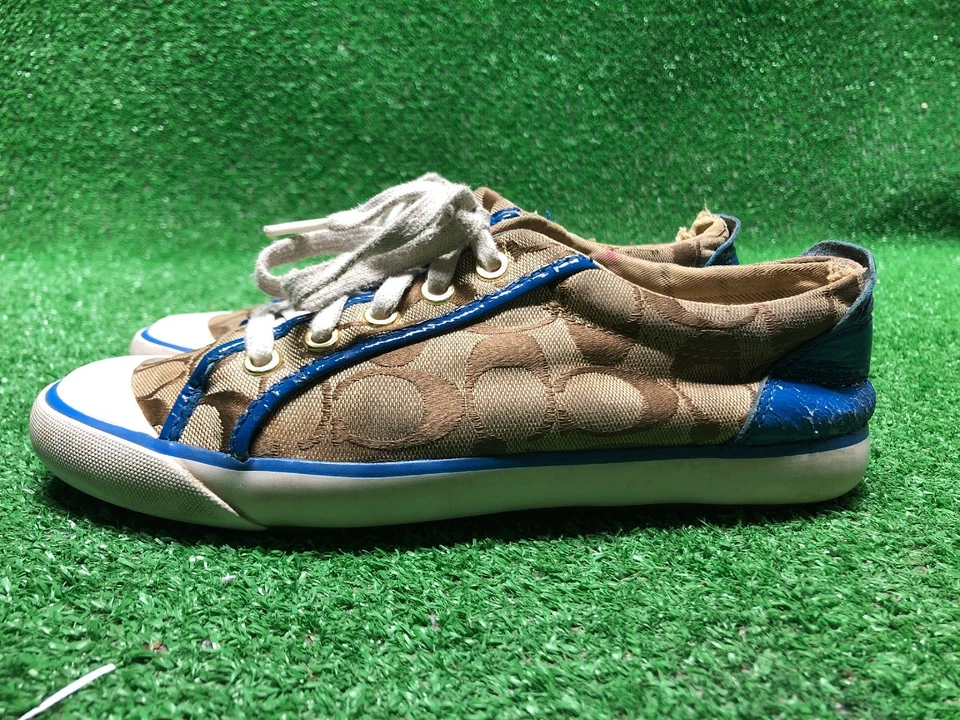 Rare Distressed Blue & Brown Coach Tennis shoes 8b Patent Leather Gold Fast Ship - Image 2 of 4