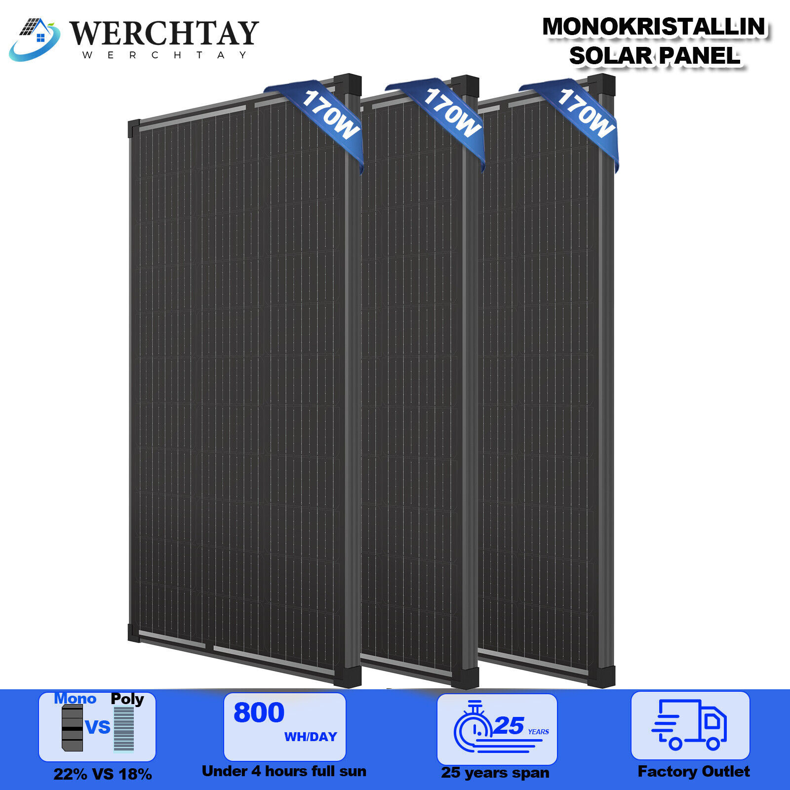 100W 170W 200W 300W Watt Monocrystalline Solar Panel 12V RV 