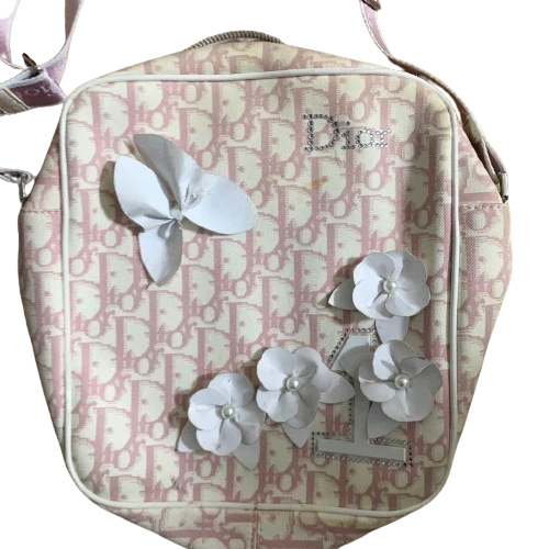 Sac bandoulière Christian Dior trotteur et fleurs rose toile cuir strass