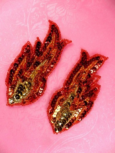Sequin Appliques Red Orange Gold Beaded Mirror Pair Flames Holographic 4" JB262