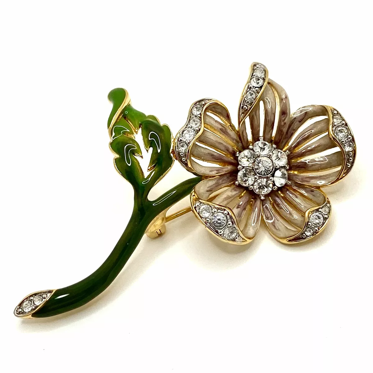 Vintage Nolan Miller Flower Brooch Pin Crystal Rhinestones Enamel Gold Tone