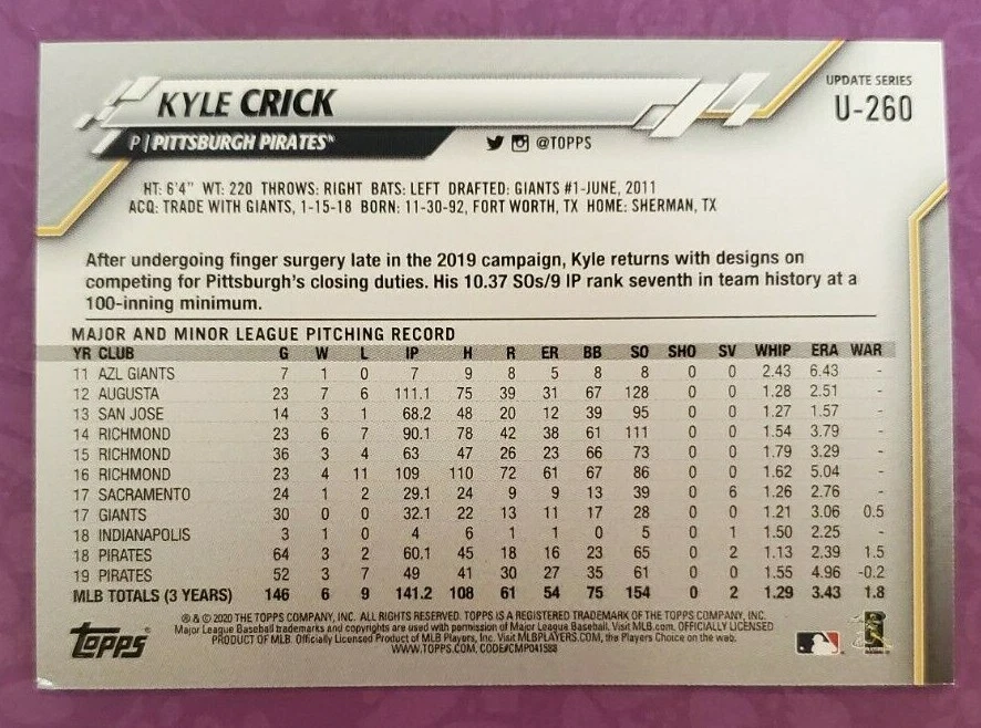 2020 Topps Update #U-260 Kyle Crick Pittsburgh Pirates Baseball Card - PC Qual Foto 2 de 2