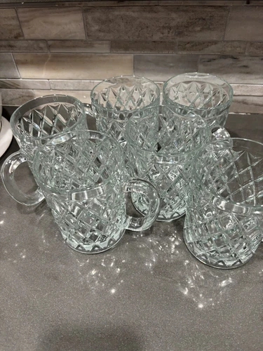 VTG Lot Of 6 Paul Sebastian 24% Lead Crystal Glass Mugs Diamond Cut Pattern