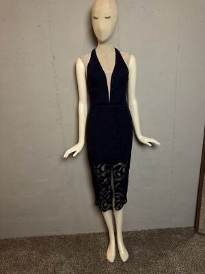 Elegant Navy Blue Lace Mid Dress Plunging V Neck, Sheer Hem,Halter Style Size P
