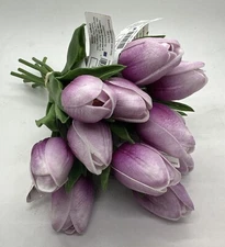12 Artificial Tulips Flower "Real Touch" Stems w/ Flower & 2 Leaves in Purple