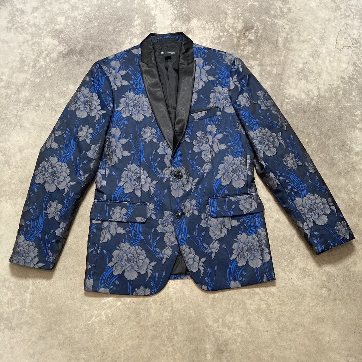 INC Brocade Blazer Mens Medium Slim-Fit Floral Textured Blue