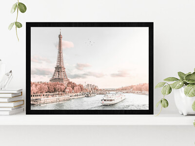 Eiffel Tower Lake Paris Faded Photograph Glass Framed Wall Art, Ready to Hang