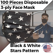 Black White Face Mask Disposable 3-ply Mouth Cover w/ Star Pattern 100pcs