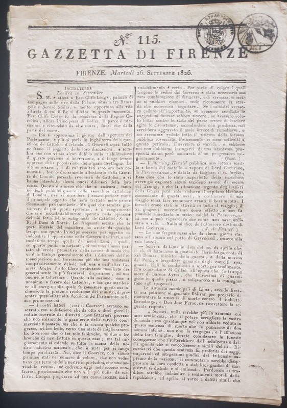 1826 Gazzetta di Firenze, No 115, Sept 26, newspaper of Grand Duchy of Tuscany