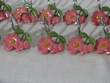 Set 11 Shower Curtain Hooks w/Pink Resin Flowers, Unmarked