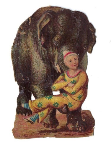 1888 Chromo DeCoupis, Performing Circus Clown ELEPHANT, Antique Die-cut, 3"