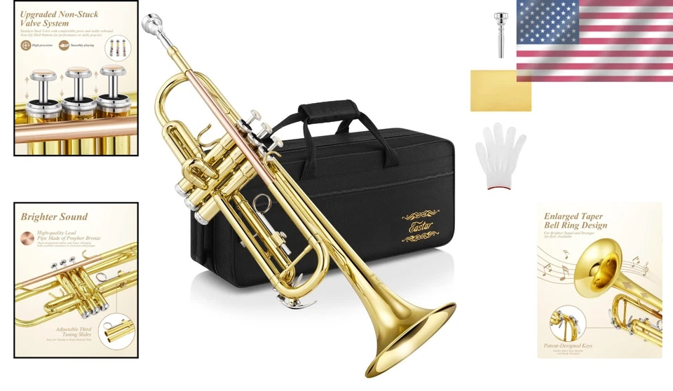 Trompeta plana ETR-390 B mejorada con estuche rígido y accesorios - diseño dorado Foto 2 de 4