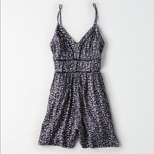American Eagle Navy Floral Crochet Trim Spaghetti Strap Romper Fit and Flare
