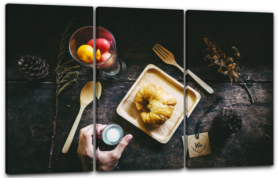 Wandbild Wanbild Küchendeko Croissant in Holzschüssel Holzbesteck Tannenzapfen - Bild 3 von 4