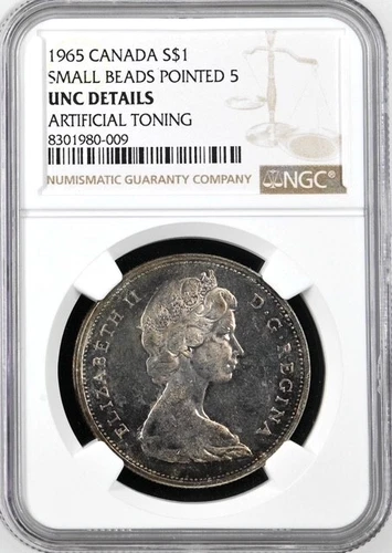 Canada Silver $1 1965 NGC UNC Toning Elizabeth II Small Beads Pointed 5