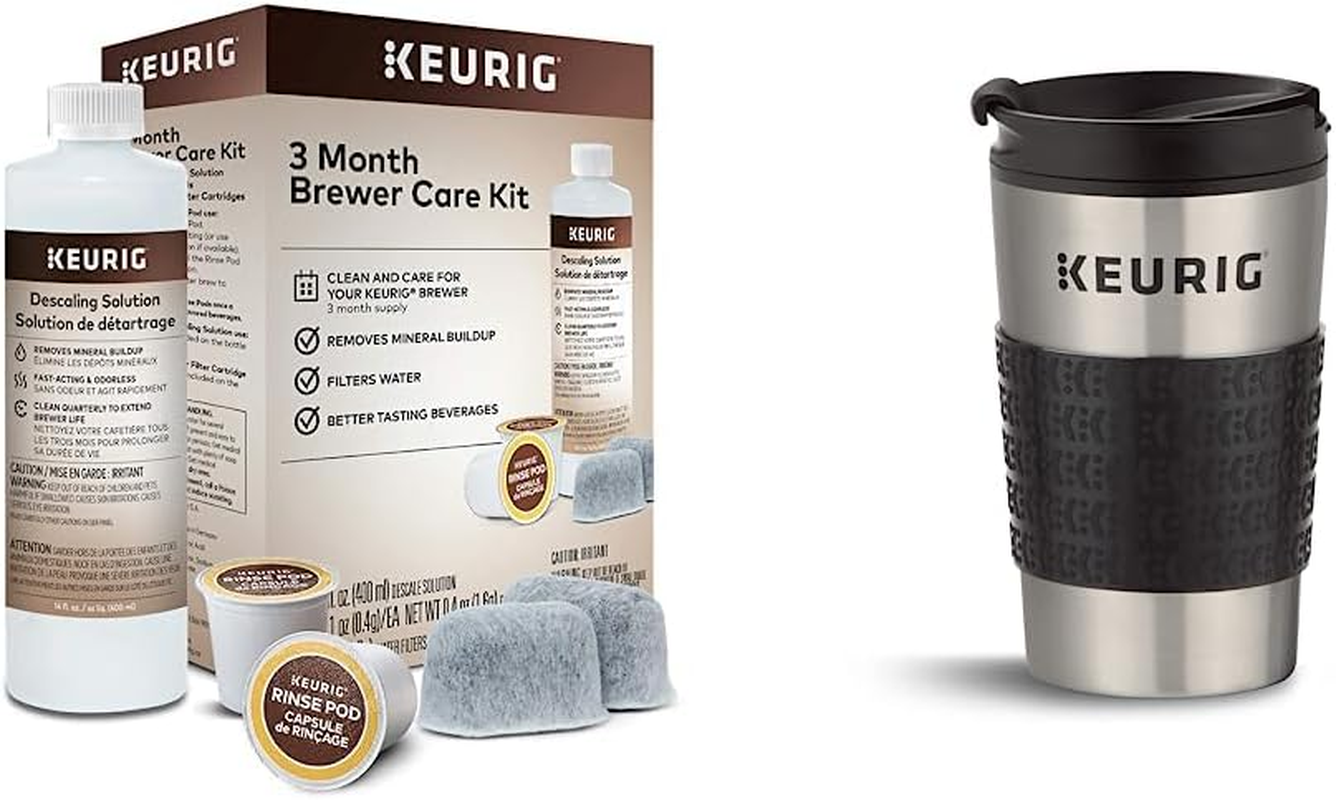 3-Month Brewer Maintenance Kit with 7-Count Supplies and Travel Mug Compatible with K-Cup Pod Coffee Makers