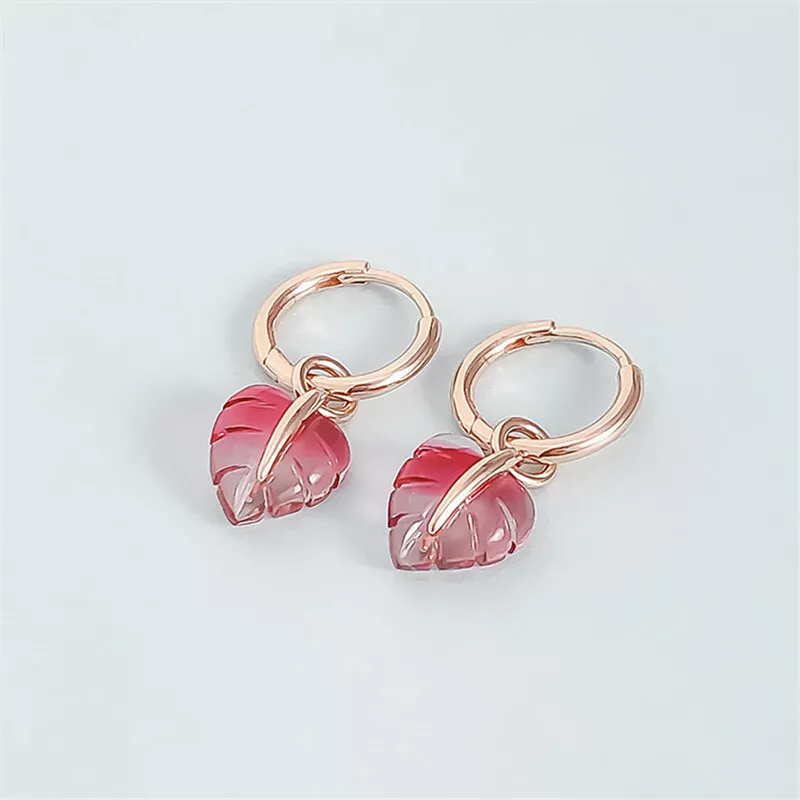 New 100 Authentic 925 Sterling Silver Pink Murano Glass Leaf Hoop