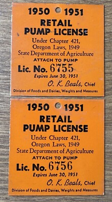 2 Vintage 1950 State Oregon Retail Gasoline Gas Oil Pump License Tag Metal Plate
