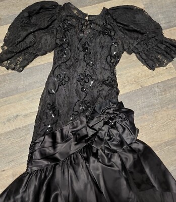 Vintage Black Lace Overlay Prom Dress Formal 80's Tulle Sz 5 Lace bow  Costume