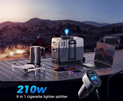 210W Multi-port Car Charger 3 Sockets 6 Ports PD QC3.0 Cigarette Lighter Adapter - Photo 7 sur 9