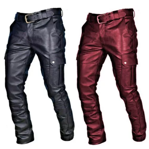 Jeans Uomo Steampunk Gotico Retrò Pantaloni Moto Pantaloni Vera Pelle - - Foto 1 di 15