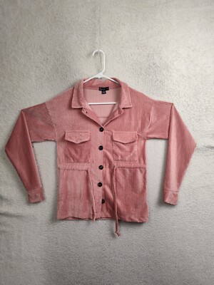 Love Women Top Small Pink Poly B Long Sleeve Button Drawstring Corduroy Shirt
