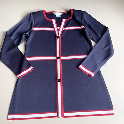Exclusively Misook Cardigan Button Up Women s Size XS Acrylic Red White Blue