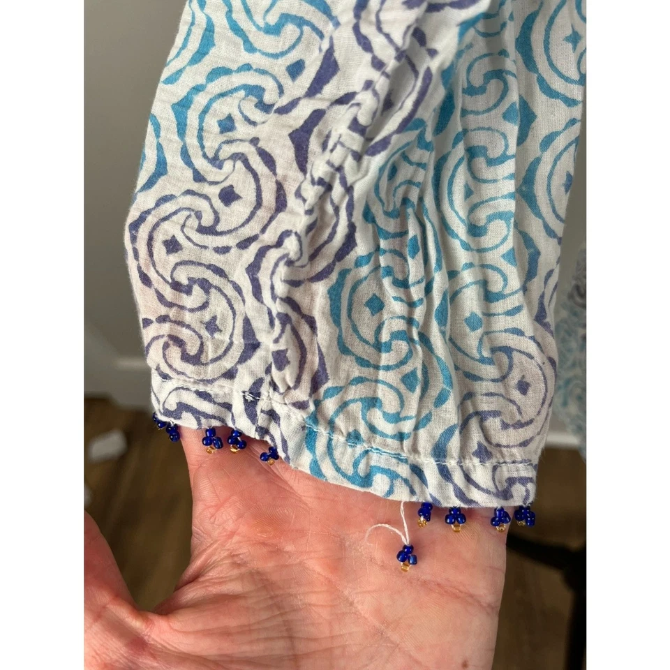 Roberta Roller Rabbit Geometric Blue Beaded Blouse V Neck 3/4 Sleeve Women's S - Image 4 of 4