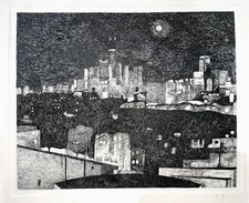 American School Chicago Downtown Skyline Contemporary Modern Surrealist Etching!