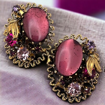 Vintage 50 s AUSTRIA  Purple & Pink Prong Set Cabs Rhinestone Earrings