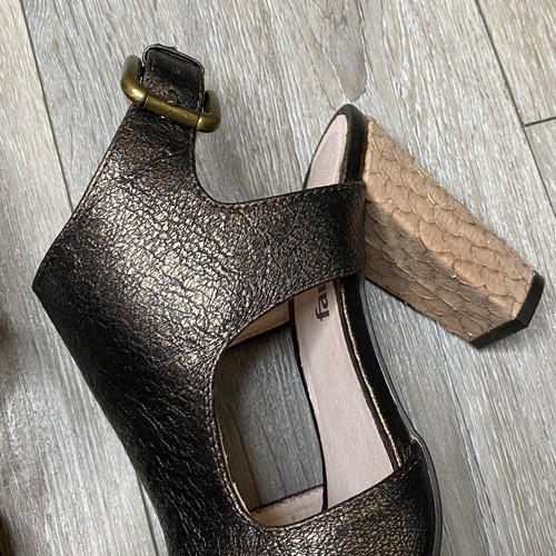 Faryl Robin Black Leather Peep Toe Ankle Strap Scale Block Heel Sandals Size 7.5 - Picture 6 of 24