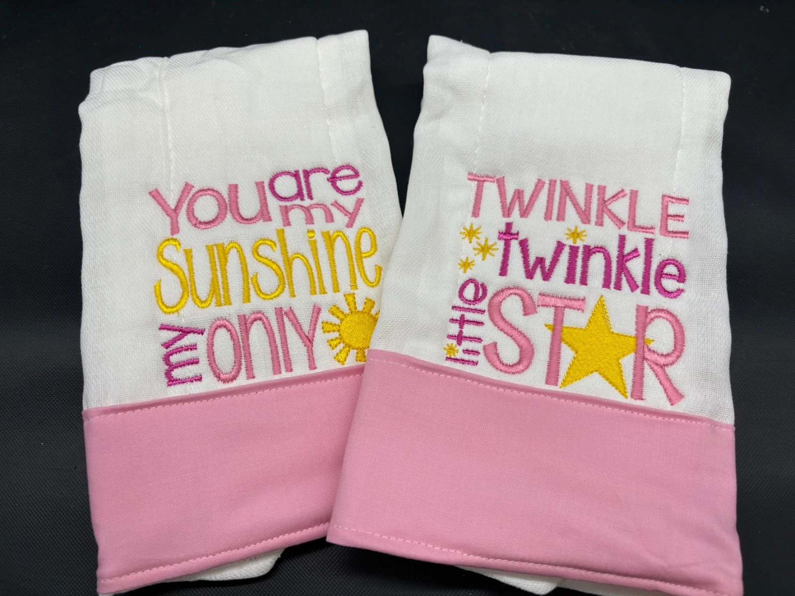 Baby Girl pink burp cloth set, includes twinkle twinkle and you are my sunshine