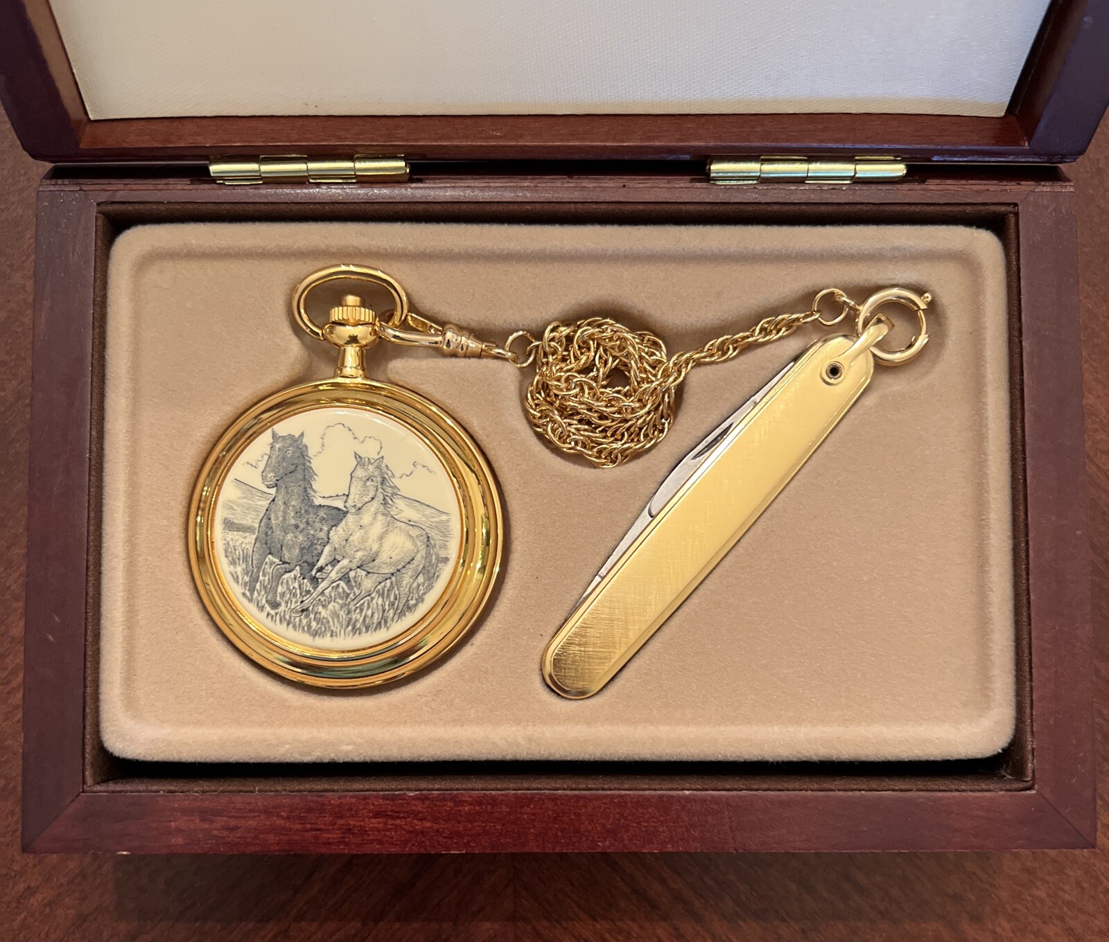Colibri Pocket Watch & Knife Set w/ Etched Scene Of Horses Displayed In
