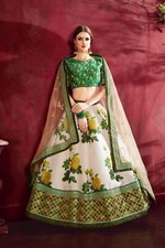 Beautiful Cream-Green Benglori Silk Lehenga Choli With Dupatta For Party Wear
