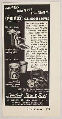 1954 Print Ad Primus G.I. Model Gas or Kerosene Stoves Sandvik Saw Tool New York
