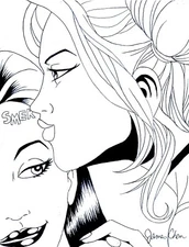 POISON IVY AND HARLEY QUINN KISS ORIGINAL COMIC ART 8 ON CARD STOCK