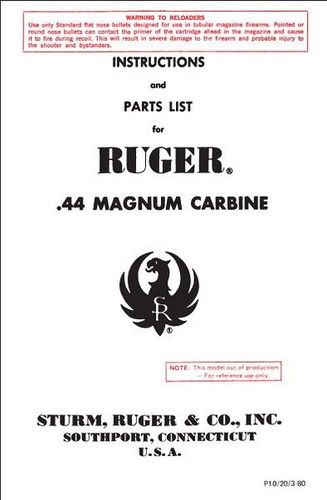 Ruger 44 Magnum Carbine Instructions Parts Owners Gun Manual Fourty Four Mag .44