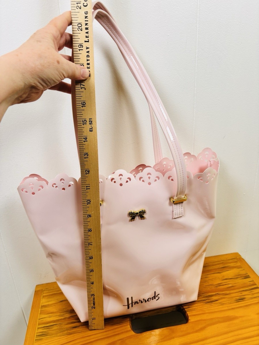 HARRODS Pink Shiny Large Tote Bag Gold Bow Double Handle Scalloped