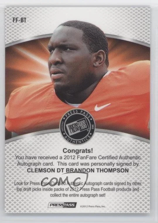 2012 Press Pass Fanfare Violet /25 Brandon Thompson #BT Rookie Auto RC - Image 2 of 2
