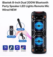 iBastek 8  Dual Bluetooth Party Speaker LED Lights FM Karaoke Mic Remote NEW