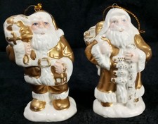 Set of 2 Victorian Father Christmas Santa Claus in Gold & White Robes Ornaments