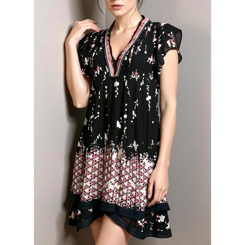 $320 POUPETTE ST BARTH Sasha Mini Dress, Black Floral, Medium